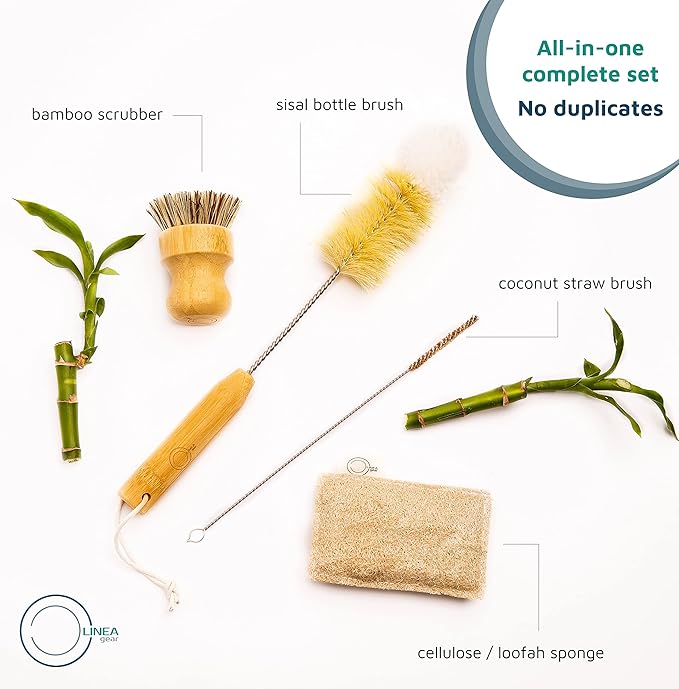 Bamboo Dish Brush Set – Eco Kitchen Cleaning Kit | Bottle Brush, Straw Brush, Scrubber & Sponge | Plastic-Free, Space-Saving, Sustainable