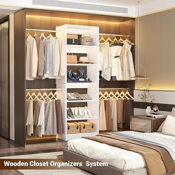 Unikito Closet System, 4-8Ft Wood Closet Organizer Starter Kit with Tower and 4 Extendable Hanging Rods, Walk-in Closet Organizer Wardrobe Clothes Rack with Adjustable Shelves, Garment Rack, White