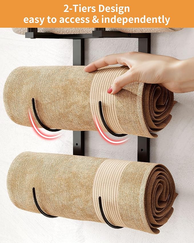 Towel Racks for Bathroom, Bathroom Towel Rack Wall Mounted with 2 Tiers Rolled Towel Holder, Towel Storage can Holds 3 Large Rolled Towels, Black