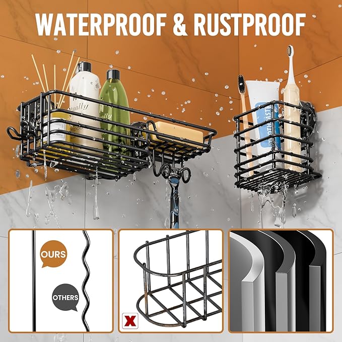 LEVERLOC Shower Caddy Suction Cup, 3 Pack Heavy Duty Bathroom Organizer for Inside Shower with Hooks & Soap Holder, Removable Bathroom Holder, Rustproof Black Storage