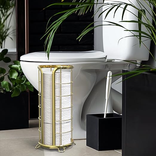 BROOKSTONE, Gold Toilet Paper Holder, Freestanding Bathroom Tissue Organizer, Minimalistic Storage Solution, Modern & Stylish Design [Holds MEGA Rolls]