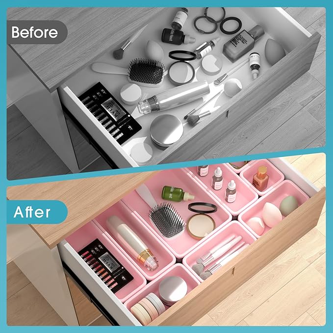 25 PCS Drawer Organizer Set, 4 Size Makeup Drawer Divider Organizer With Non-Slip Pads, Interlocking Plastic Storage Bins for Office,Jewelry Vanity,Gadgets, Bathroom,Kitchen, Pink