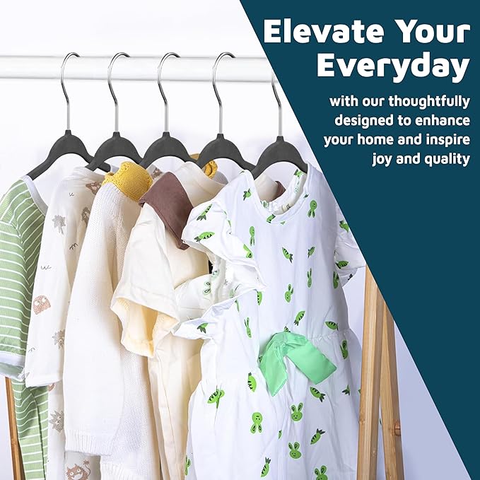 Black Velvet Kids Hangers 30 Pack, 10.83" Non-Slip Baby & Toddler Hangers for Clothes, Space-Saving Slim ABS Plastic with 360° Swivel Hook & Notched Shoulders, Up to 10 lb Capacity