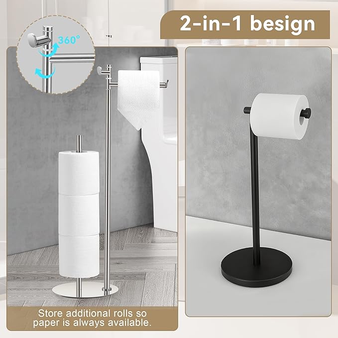 BGL Toilet Paper Holder Stand, SUS304 Stainless Steel Brushed Nickel, Weighted Base, Holds 5 Jumbo Rolls, Space-Saving Modern Bathroom Storage with Built-in Hook