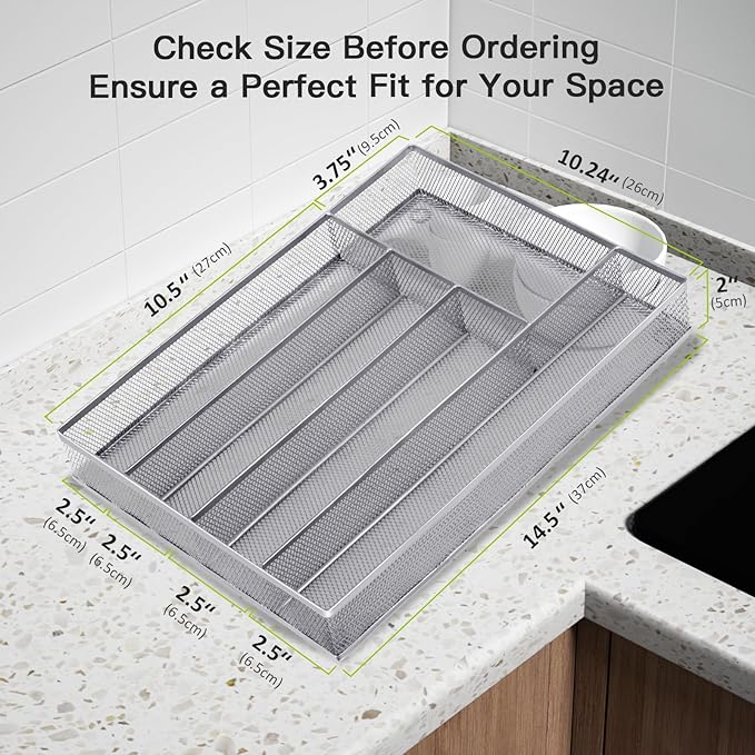 Neudeco Silverware Drawer Organizer Holder, Cutlery Tray Silverware Flatware Storage Divider for Kitchen, Bedroom, Living Room,Mesh Wire with Non-slip foam Feet, 5 Compoment（ Silver）