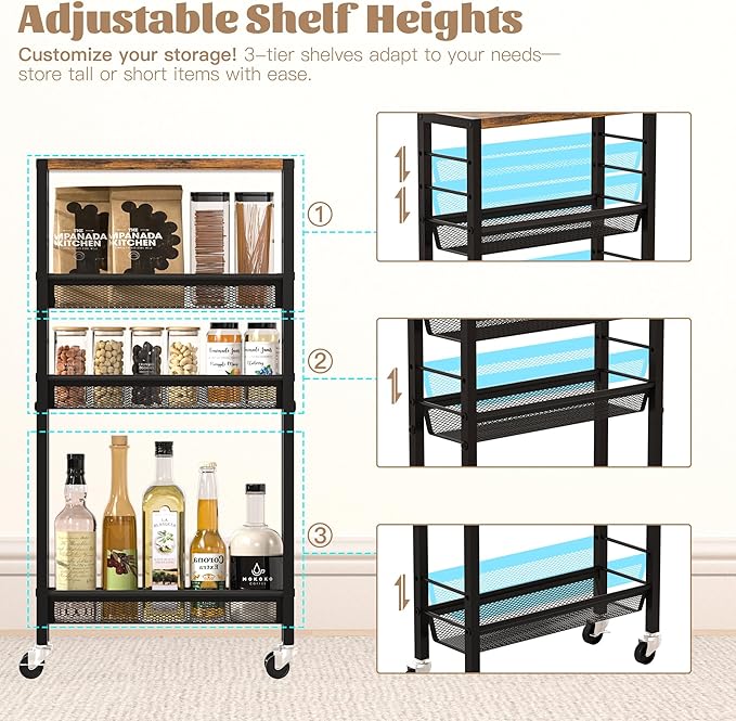 Narrow Storage Cart with Wheels,4-Tier Narrow Kitchen Carts Slim Rolling Cart,Skinny Storage Cart for Small Spaces,Rolling Utility Cart for Livingroom,Diningroom,Office,Laundry Room,Bathroom
