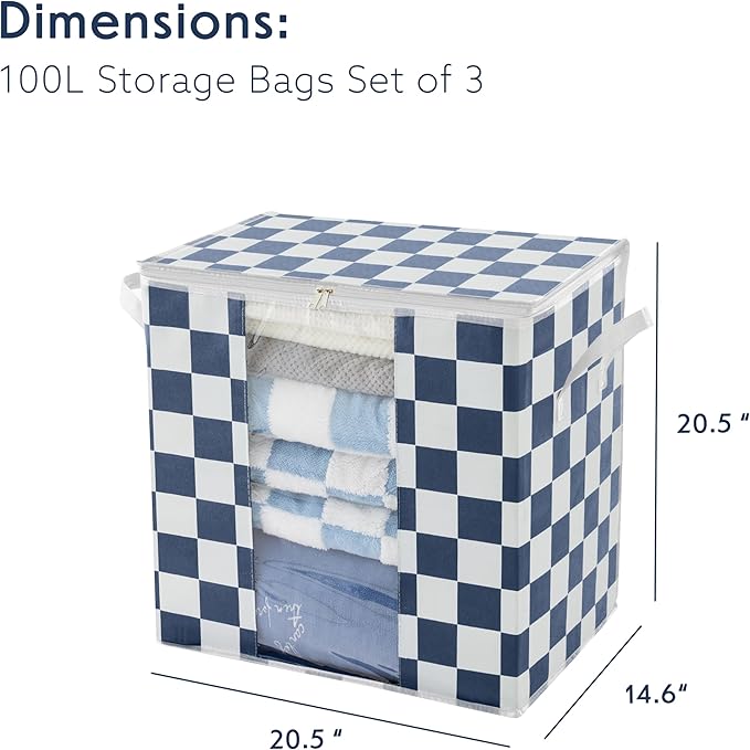 Navy Blue Checkered Clothes Storage Bins, 100L Large Blanket Storage Bags 3 Pack, Closet Organizers and Storage Containers for Comforters, Bedding, Foldable Organizer with Handle