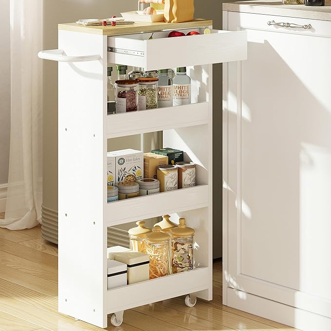 IRONCK Slim Storage Rolling Cart with Drawer and Wheels and Handle, 4 Tier Slide Out Utility Kitchen Cart for Small Spaces Kitchen Laundry Narrow Places, White