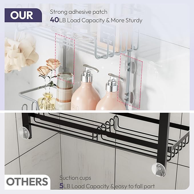 SWTYMIKI Bathroom Shower Caddy Hanging - 3 Tier Rustproof Over Shower Head Organizer, No Drilling Bathroom Shelf with 16 Hooks & Soap Holder, Anti-Swing Rack for Shampoo,Sponge,Towel, Silver, Medium