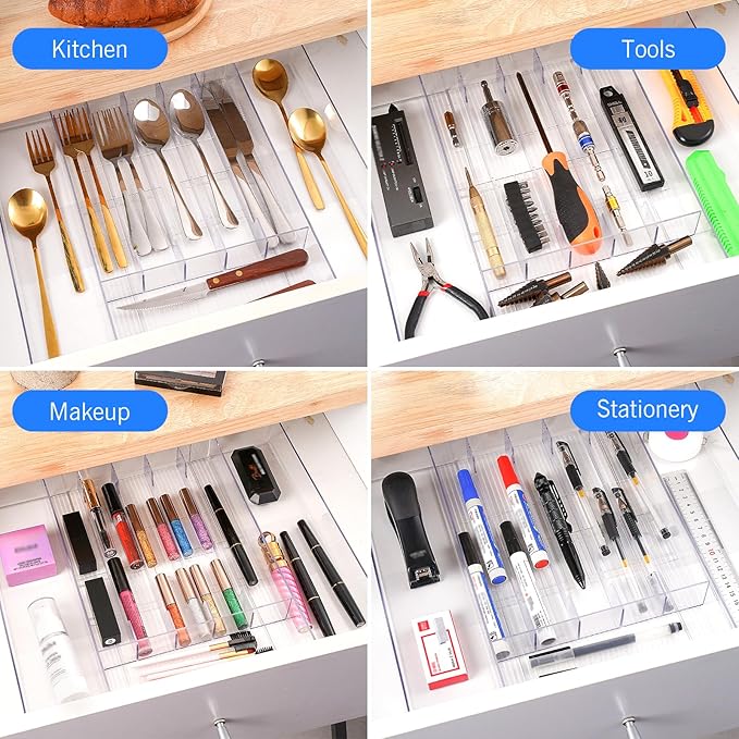 HOMEE Expandable Kitchen Drawer Organizer for Flatware & Utensils, Acrylic Cutlery Organizer, Desk Drawer Organizer