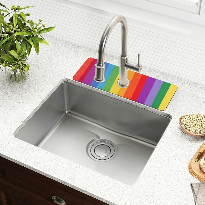Kitchen Sink Splash Guard 1 PC 14.7 Inch Sink Faucet Mat Splash Guard for Bathroom Countertop Water Absorbent Foldable Cuttable Soft Washable Vibrant Colorful Stripes