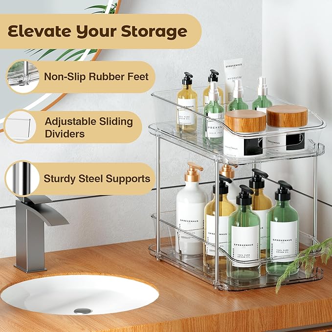 2 Tier Pull-Out Organizer for Bathroom Kitchen, Under Sink Storage with Dividers, Ideal for Cabinet, Cupboard Organization, Slide-Out Clear Storage, 2 Pack