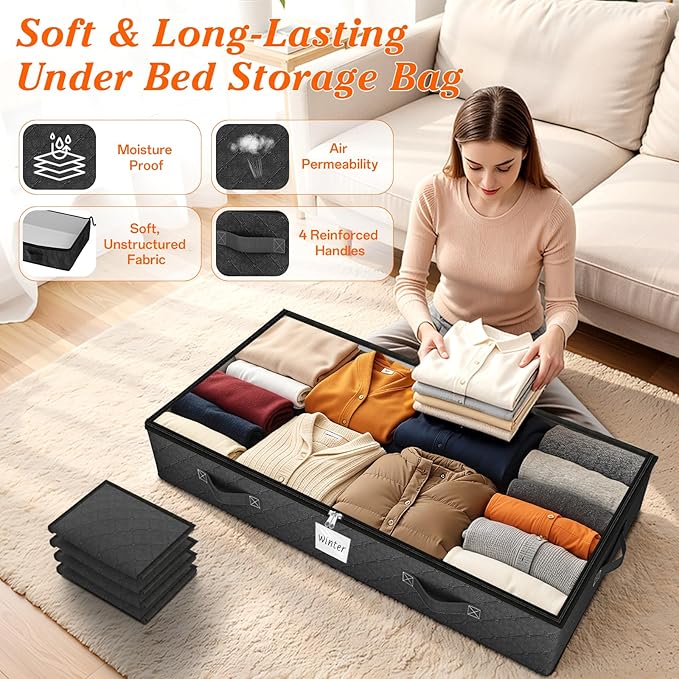SpaceWhisper 90L Under Bed Storage Containers, 2-Pack Storage Bins with Clear Top, Foldable Closet Organizers and Storage with Label Holder for Clothing, Blankets, Comforter & Pillows(Black)