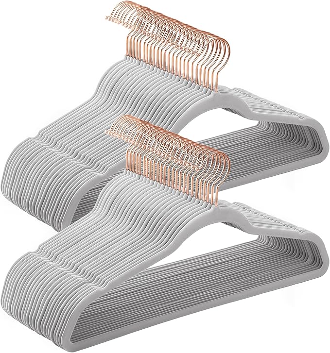 SONGMICS Slim Velvet Hangers, Non-Slip Clothes Hangers with Rose Gold Swivel Hooks, Space-Saving, for Closet, 50 Pack, Dove Gray UCRF026G50