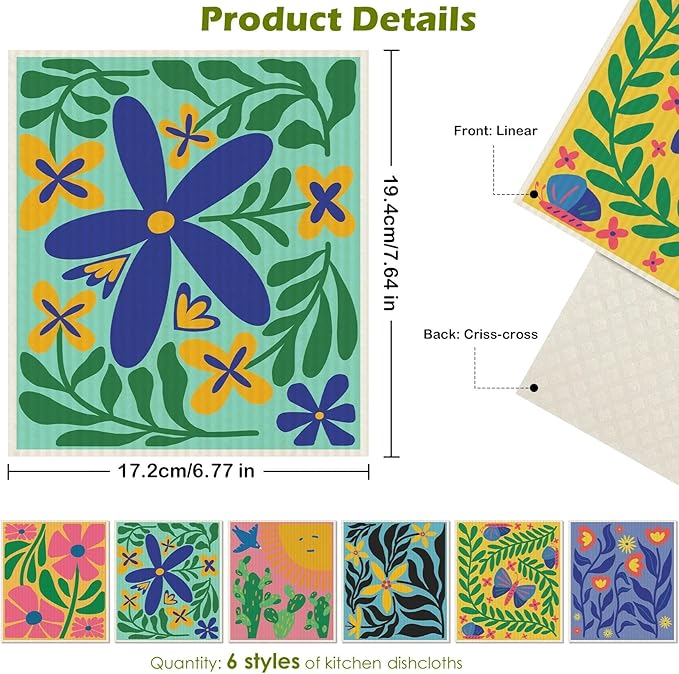 6 Packs Swedish Paper Cloths for Kitchen, Reusable Paper Towels Washable Dish Rags, Highly Absorbent Kitchen Towels Quick Drying Swedish Sponge Cleaning Dish Cloths (Hawaiian Style)