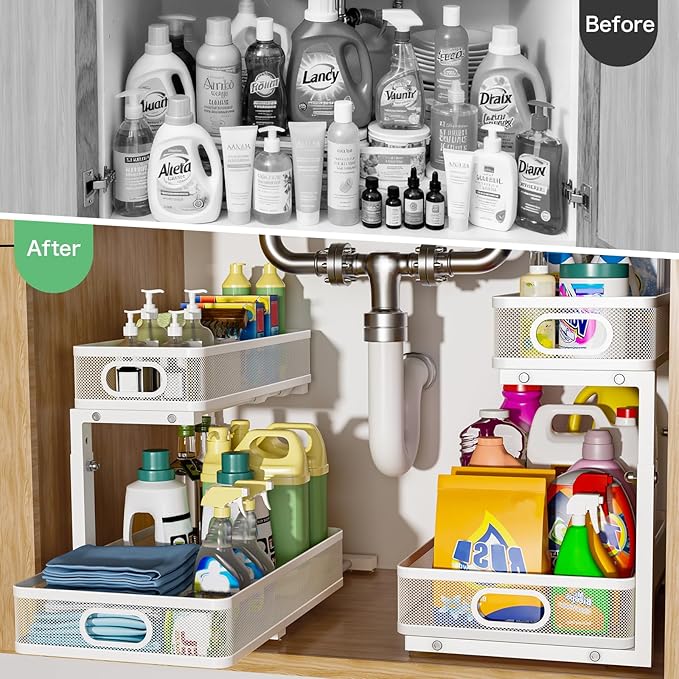 Under Sink Organizer, High Adjustable 2 Tier Under Sink Organizers and Storage, Slide Out Metal Cabinet Organizers, Pull Out Sink Storage Drawer Shelf for Kitchen Bathroom Cabinet, White, 2 Pack