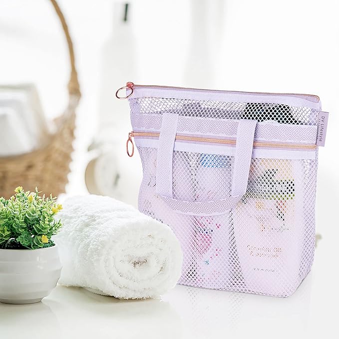 Mesh Shower Bag 10.2x9.9'' Quick-Dry Caddy with Zipper & 2 Pockets. Portable Toiletry Tote for Bathroom, Gym, Travel, Camp, Beach, for Sunscreen, Dorm & College Essentials (Light Gray)