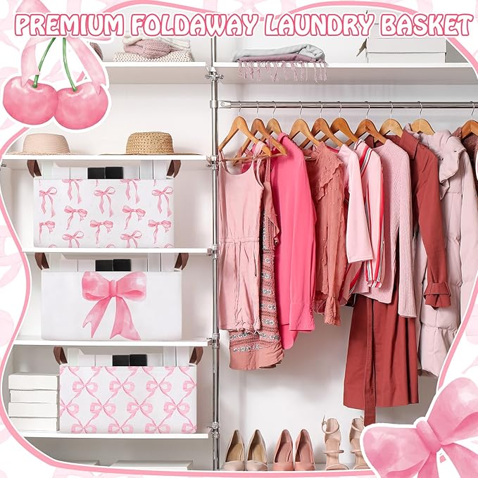 Boao 3 Pcs Coquette Pink Bow Storage Bin Collapsible Large Storage Baskets for Gifts Empty Candy Holiday Decor Canvas Laundry Basket Foldable Box with Handle for Office Home Bedroom Clothes