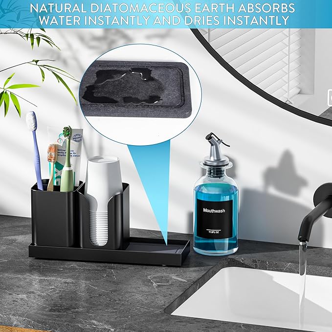 Moforoco Glass Mouthwash Dispenser with Toothbrush Holders, 11.8Oz Mouth Wash Bottle Container with Cup Holder, Funnel, Labels, and Drying Stone Tray, Bathroom Decor Accessories Set, Black