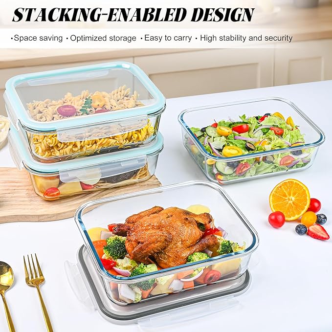 2Pack 9.8 Cups/ 78 Oz Large Glass Food Storage Containers with Lids, Glass Meal Prep Containers with Airtight Lids - BPA Free, Leakproof, Ideal for Food Storing/Serving, Microwave/Oven Safe