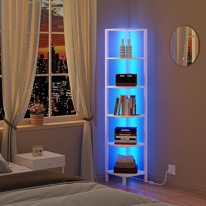TUTOTAK Corner Shelf with LED Light, 6-Tier Corner Bookshelf for Small Space, Narrow Display Corner Shelf Stand with Storage Rack, for Living Room, Bedroom, White BS08BW006L