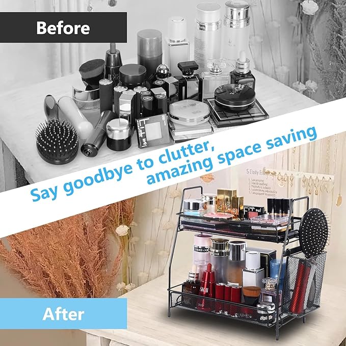 LEMIKKLE Countertop Organizer for Bathroom, Bedroom & Kitchen Counter Shelf with Small Basket