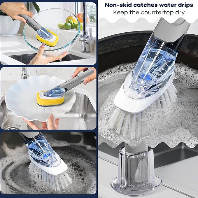 Dish Brush with Soap Dispenser Storage Set with 2 PCS Brush Refills & Holder, Dish Scrubber with Soap Dispenser, Dish Soap Brush, Dish Wand with Soap Dispenser for Dishes, Pans, Sink, Pots(Gray)
