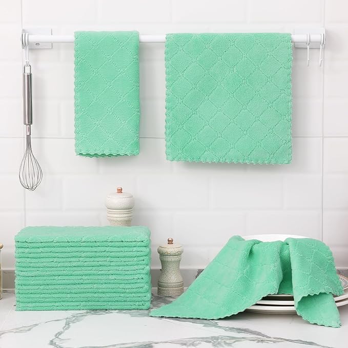 Homaxy 12 Pack Dish Towels for Kitchen (10 x 20 Inches, Green), Super Soft and Absorbent Coral Velvet Dish Cloths for Washing Dishes, Nonstick Oil Fast Drying Microfiber Cleaning Cloth
