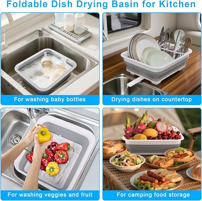 Collapsible Dish Drying Rack with Drain Plug Tube, Portable Dish Drainers for Kitchen Counter, Folding Dish Rack Over Sink Drying Dinnerware,Kitchen Sink Organizer Travel Trailer RV Camping Essentials