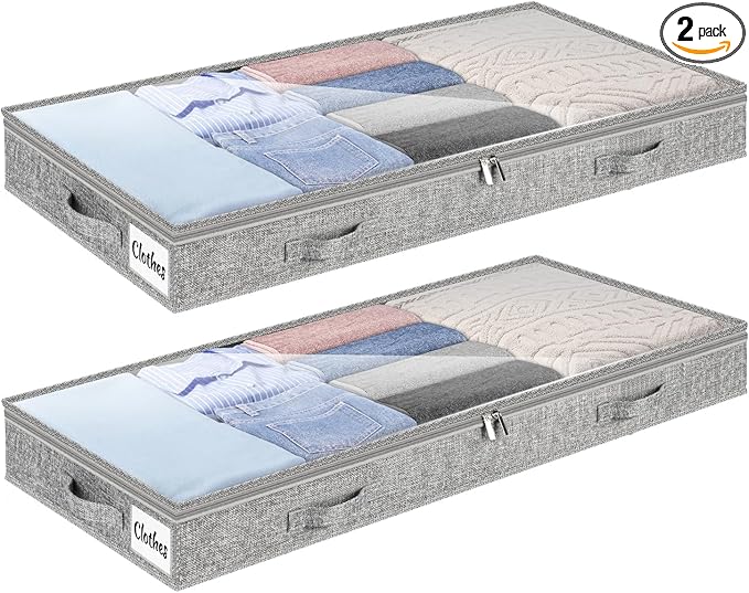 4 Inch Low Profile Under Bed Storage Drawer 2 Pack, Lightweight Underbed Clothes Storage Container Bins with NO STURCTURE, Shallow Storage Bag for Dorm & Home, With Clear Lids & Water-Resistant Fabric