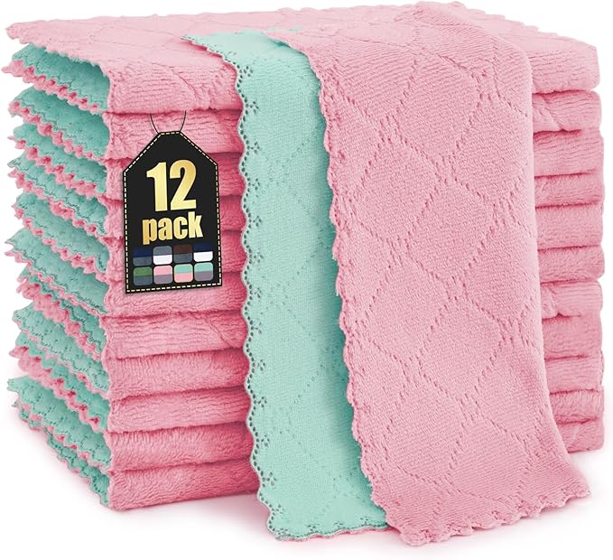Homaxy 12 Pack Kitchen Cloths Dish Towels (10" x 10", Dark Green & Pink), Super Soft and Absorbent Dish Cloths, Coral Velvet Microfiber Cleaning Cloth, Nonstick Oil Fast Dry Dishcloths
