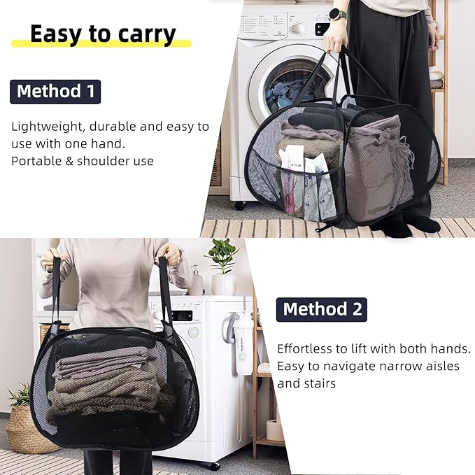 Collapsible Laundry Basket, 90L Foldable Pop-up Laundry Hamper with Handles, Mesh Dirty Clothes Hamper for Laundry, Bathroom, Kids Room, Dorm,Travel or Camping (Black, 2PCS)