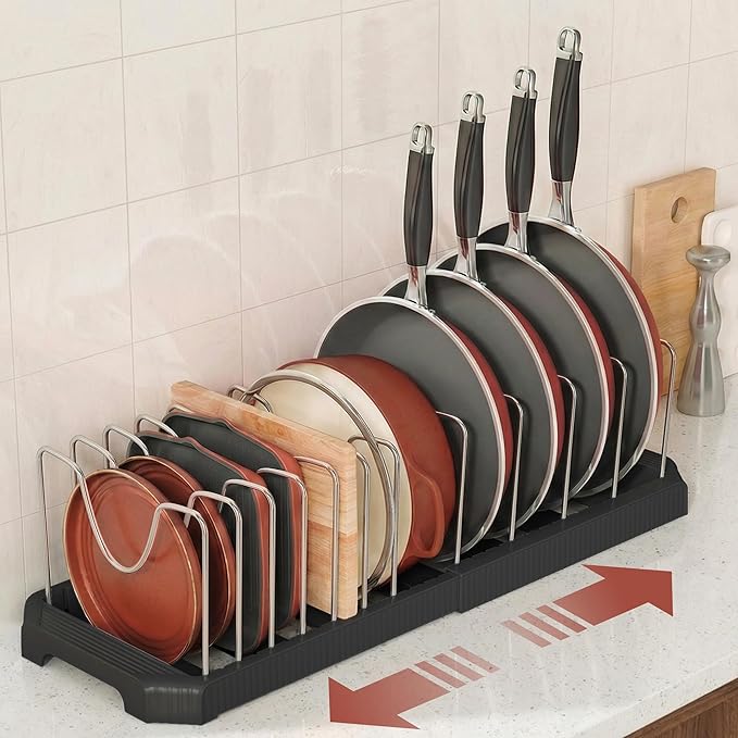 Pots and Pans Organizer for under Cabinet, Pan Pot Organizers inside Cabinet, Expandable Organizer with 12 Adjustable Dividers for Cookie Sheets, Cutting Boards, Pot Lids, Cookware - Pan Rack, Black