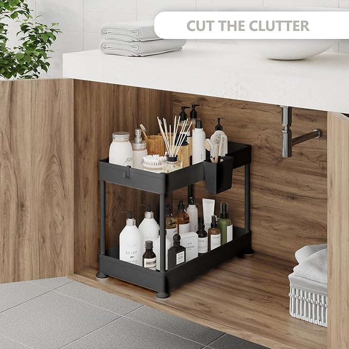Under Sink Organizers and Storage | Bathroom Cabinet Organizer, Sink Shelf with Utility Hooks and Side Caddy for Under Cabinet Storage | Black (1-Pack) Non Slip Grip Under Kitchen Sink Organizer