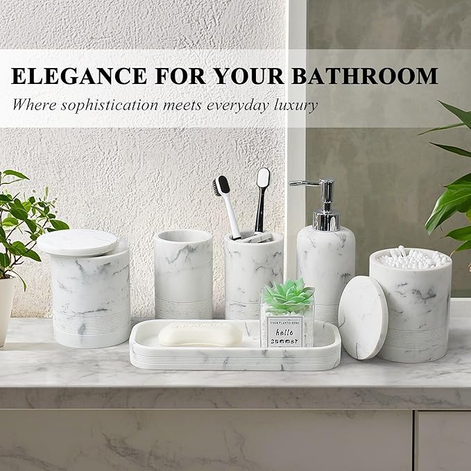 6-Piece Bathroom Accessories Set, Organizer Set with Soap Dispenser, Toothbrush Holder Set, Vanity Tray, Tumbler & 2 Cotton Swab Jars – Modern Stylish Bathroom Storage(Marble White)