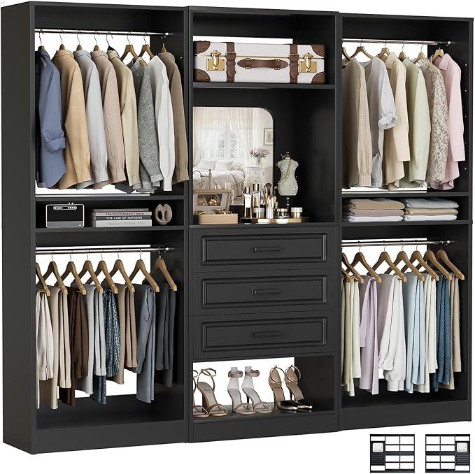 Unikito Modular Closet System with 3 Sets, 75”Closet Organizer System with Drawers, Mirror, Hanging Rods and Adjustable Shelves, Freestanding Wood Wardrobe Garment Rack, Walk in Closet Tower, Black