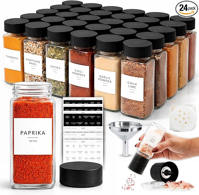 SAVVY & SORTED Glass Spice Jars with Label 24 PK - 4 Oz Spice Containers with 374 Minimalist Preprinted Labels Stickers, Pepper Grinder Funnel Shaker Lids, Empty Seasoning Containers Bottles