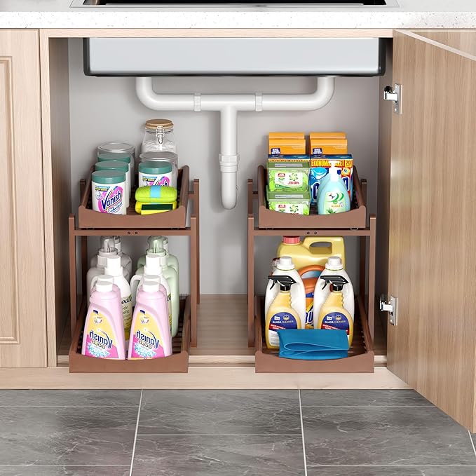 Bamboo Under Sink Organizer and Storage, 2 Pack Pull Out Cabinet Organization, 2 Tier Vertical Slide Out Undersink Storage Shelf, Multi-Purpose Organizer Shelves for Kitchen Bathroom Medicine, Brown
