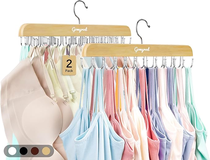 Bra Hanger for Closet, Tank Top Hangers 2 Pack w/20 Hooks Holds 40 Bras, Capacity Foldable Wood Space Saving Hanger, 360°Rotating Closet Organizers and Storage for Dorm & Apartment