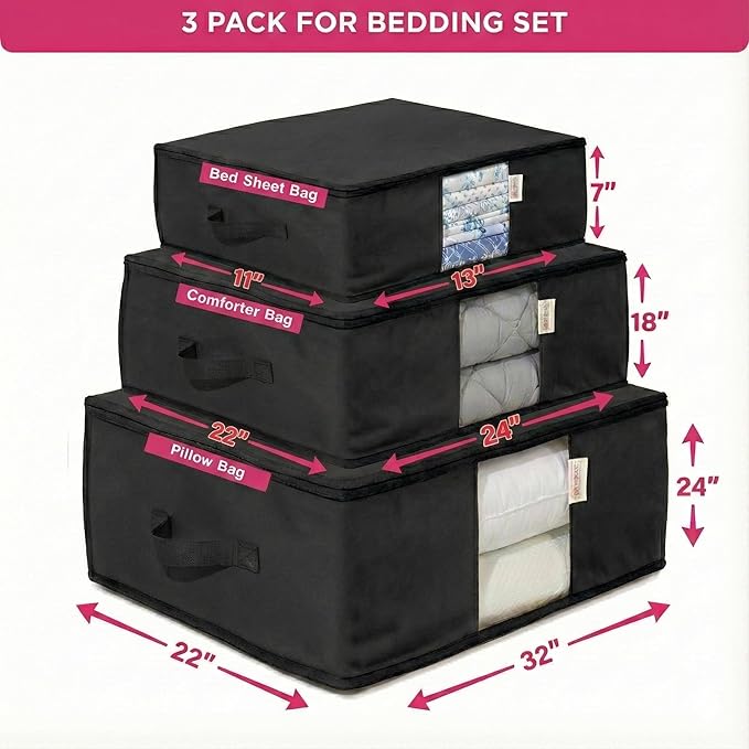 Cedar Storage Bag Organizer for Bedding Set - Protects from Moths, Moisture, Dirt & Dust - Set of 3 Storage Bags for Bed Sheets, Comforter, Pillows & More - Space-Saving Bedding Organizer, Black
