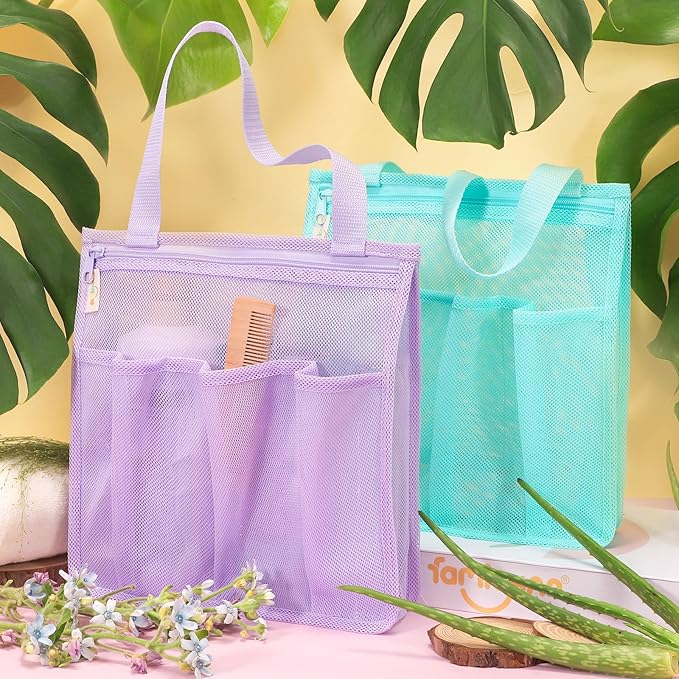 famichan Portable Mesh Shower Caddy, Gym Travel Camp Dorm Room Essentials for College Student Girl, Purple Bathroom Shower Bag