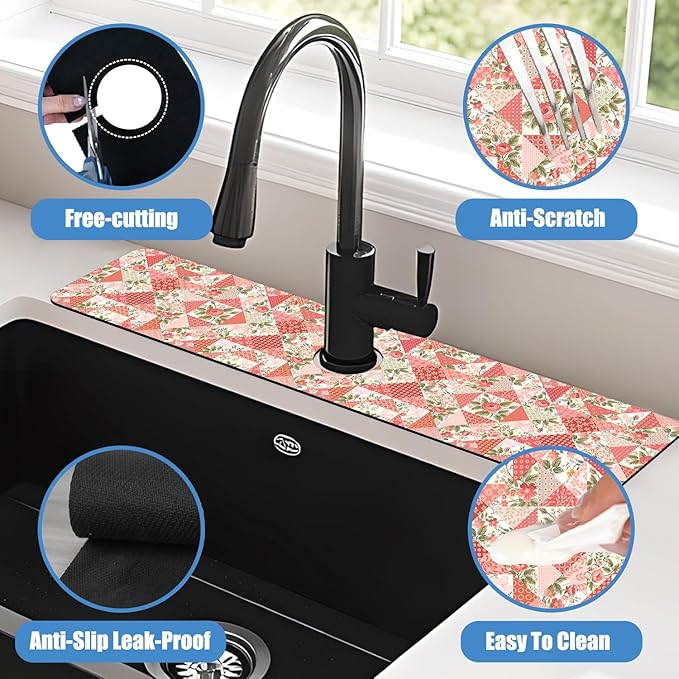 Sink Splash Guard Faucet Mat Roses and Butterflies Absorbent Fast Drying Mat Sink Gadgets Splash Guard Behind Faucet Drip Catcher for Kitchen Bathroom 23.5"X5.5"