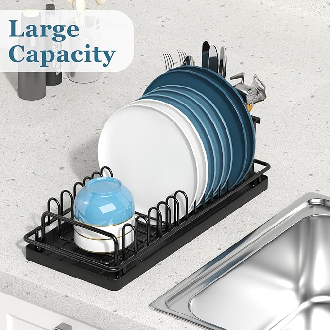 Compact Small Dish Rack Sink Drying Rack with Silicone Mat, Stainless Steel Dish Drainer for Kitchen Cabinet, Kitchen Sink Rack,Dish Holder, Black