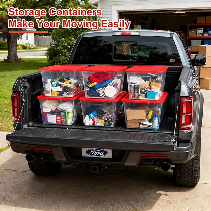 Storage Totes with Lids - Made in USA 14.5-Gallon (58-Quart) 4-Pack Clear Plastic Red Storage Bins Storage Containers Large Storage Boxes Organizer for Home, Office, and Garage Clear/Red