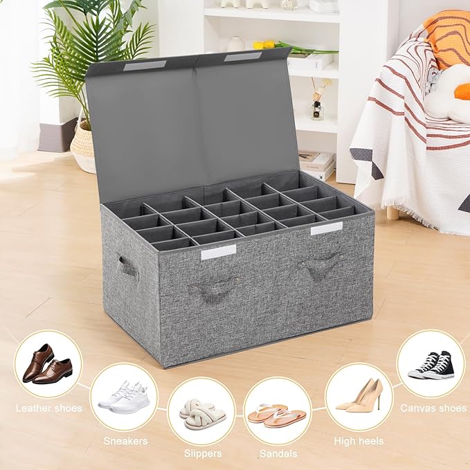 Shoe Storage Organizer for Closet Fits 20 Pairs, Large Shoe Storage Box Bins Containers with Lid and Adjustable Dividers for Shoes, Sneakers and High Heeled, Hard Shell and Stackable (Grey)