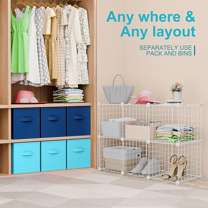 Leinuosen 6 Cube Storage Organizer with Fabric Bins, Wire Grid Stackable Shelves, Drawer Closet Organizer, Modular Storage Units for Bedroom Living Room Office Clothes Toys Crafts(White,Blue)