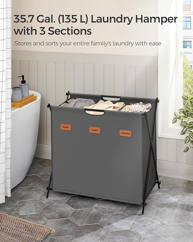 SONGMICS Laundry Hamper, Laundry Basket, 35.7 Gal. Laundry Sorter 3 Sections, Collapsible X-Frame, Clothes Organizer with Customizable Labels, Laundry Room, Bedroom, Bathroom, Slate Gray ULCB130G01