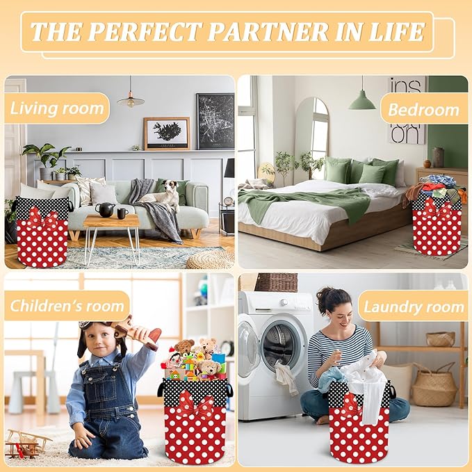 Black Red Polka Dot Laundry Basket, Cute Bow Tie Laundry Hamper Foldable Waterproof Funny Tote Bag Dirty Clothes Storage Bucket Toy Organizer for Bathroom/Laundry/Bedroom 15.7"x19.6"