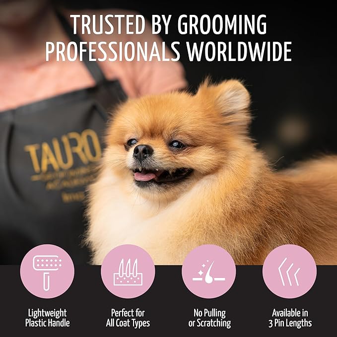 Tauro Pro Line Deshedding Slicker Brush for Dogs & Cats, Soft Pins for Gentle Dematting & Detangling, Grooming Tool for Long & Dense Coats, Ideal for Rough Collies, Non-Slip Grip, Pink, Large Size (L)