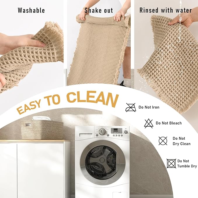 JIUZHEN Set of 2 Waffle Bath Mats Non Slip Waffle Bathroom Runner Rug Washable Boho Runner Bath Rugs Super Absorbent Shower Mat for Bathroom Kitchen Hallway Laundry, 20" x 32" +24" x 48", Brown
